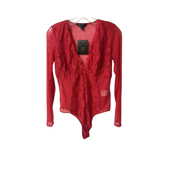 NWT INC International Concepts Sz M NOT SO BASIC Sheer Sleeve Red Bodysuit - Picture 4 of 6